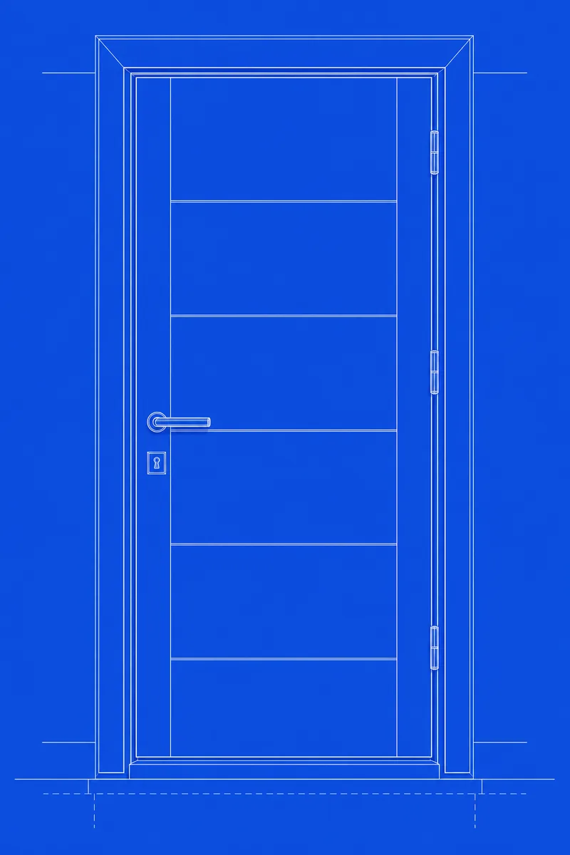 Coupe technique d’un cylindre de serrure, dessin au trait blanc sur fond bleu