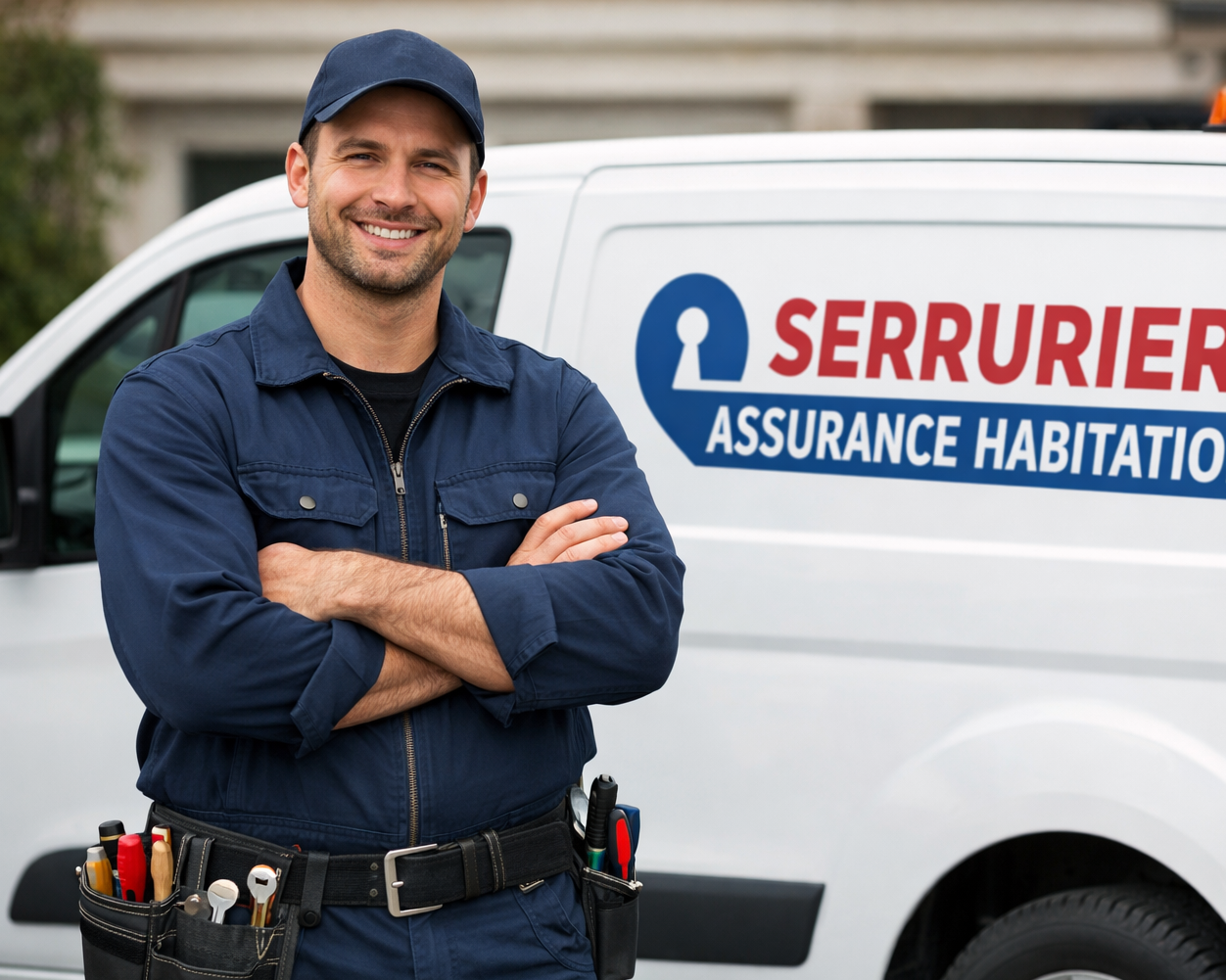 Serrurier professionnel devant véhicule d'intervention Serrurier Assurance Habitation